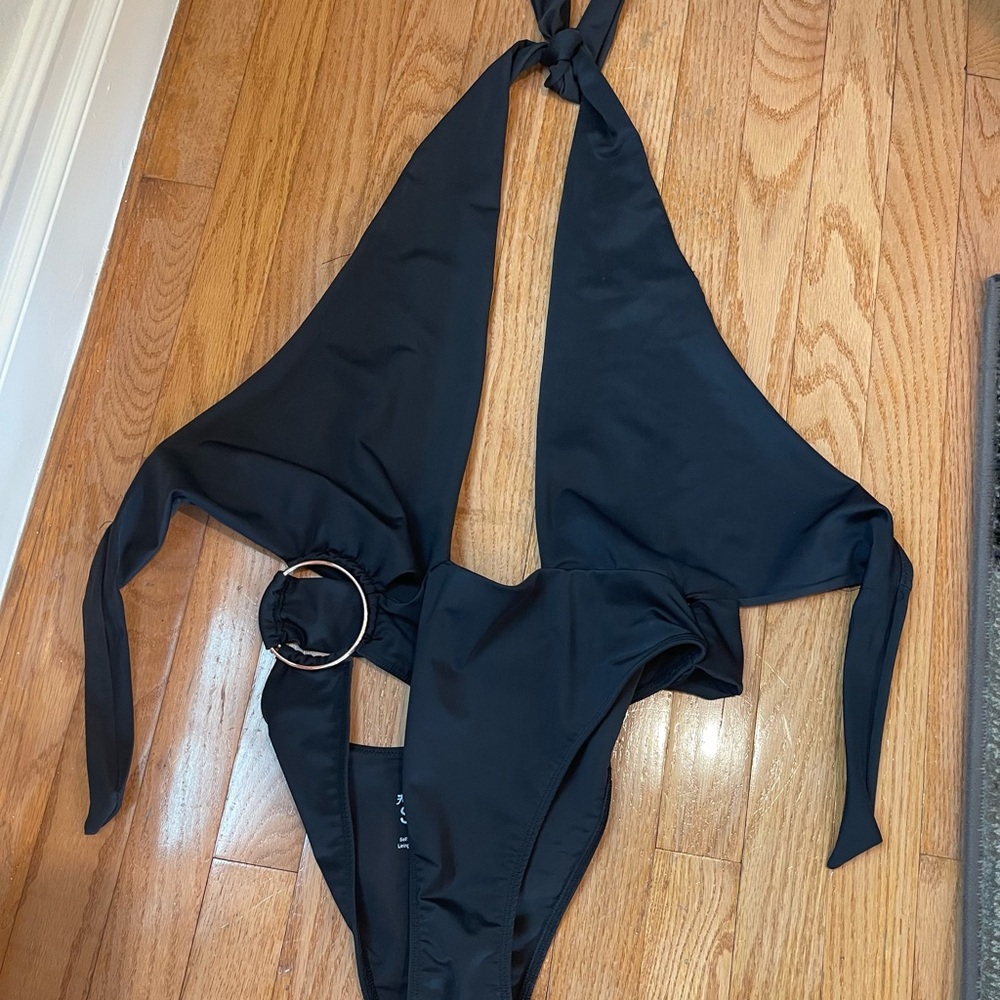 For Love & Lemons Black One-Piece Halter Swimsuit with Ring Detail